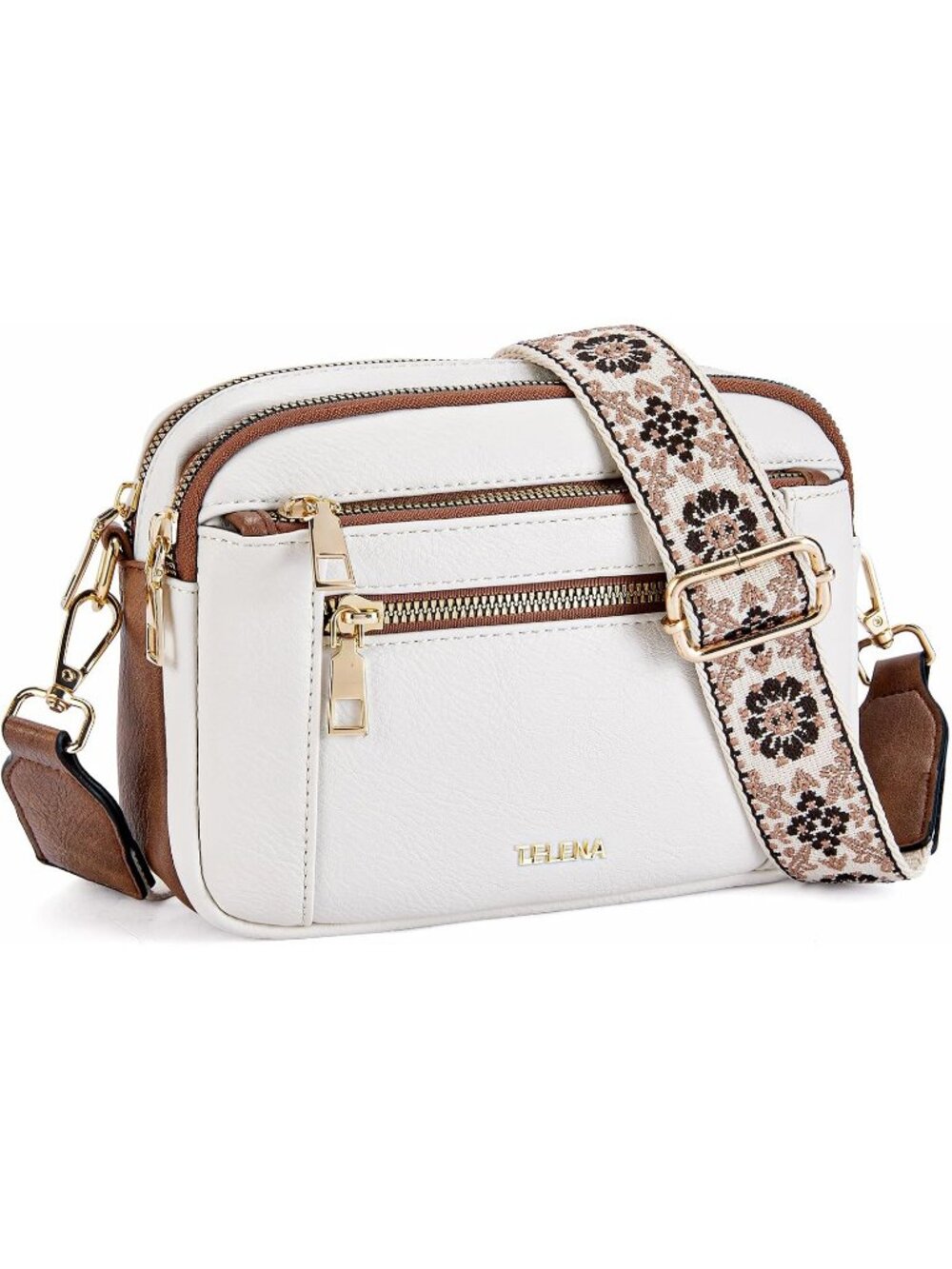 Women's Beige Brown Vegan Leather Purse Adjustable Wide Strap Crossbody Bag
